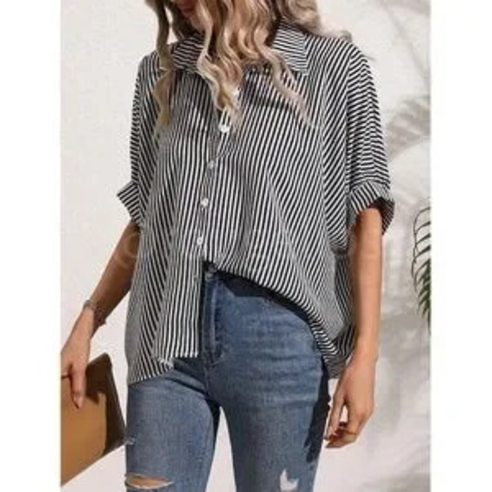 Striped Black White Button Up Front Shirt Oversized Batwing Half Sleeve V-Neck - Picture 5 of 5